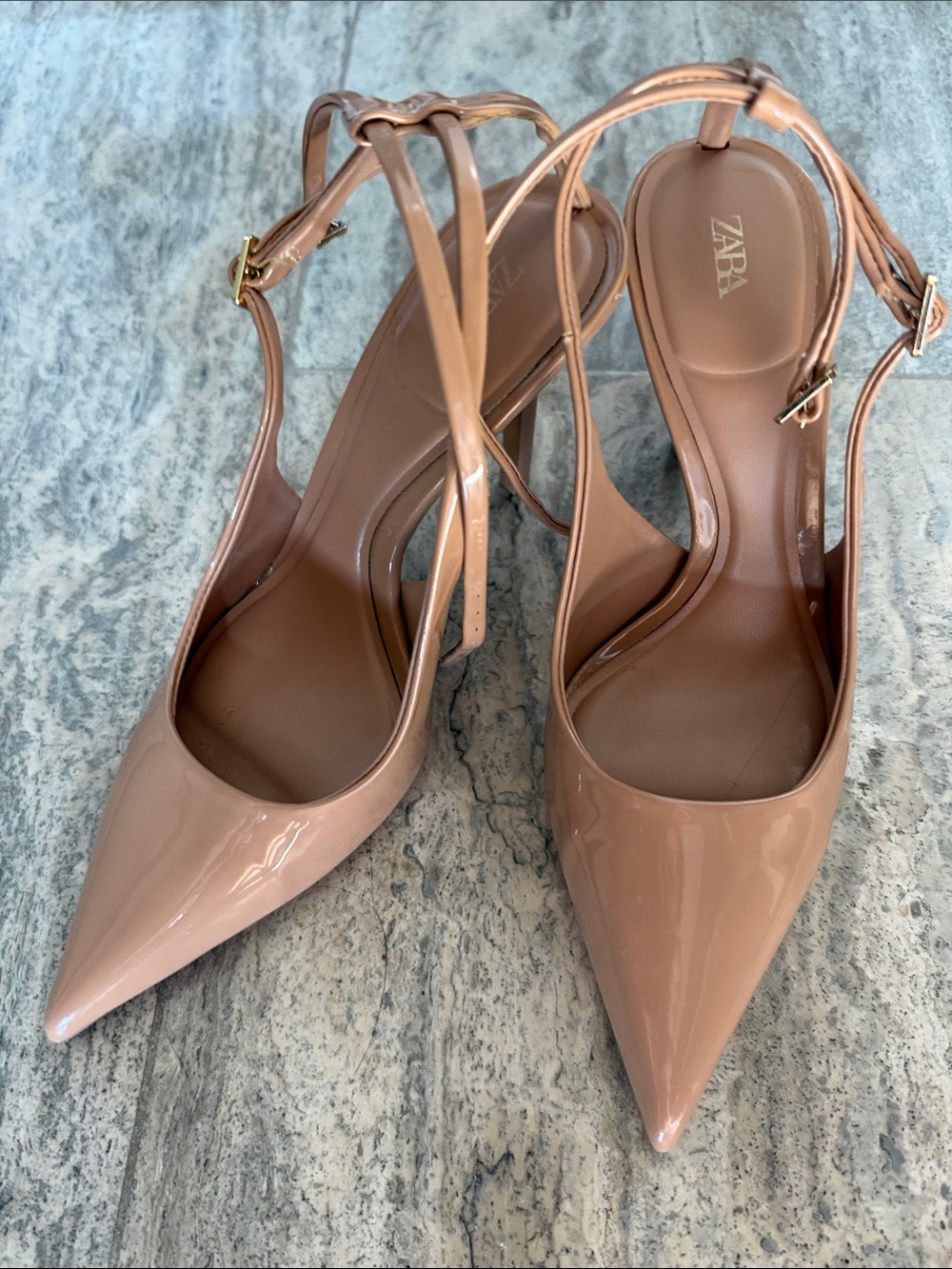 ZARA Patent Pointed-Toe Slingback Heels in Tan